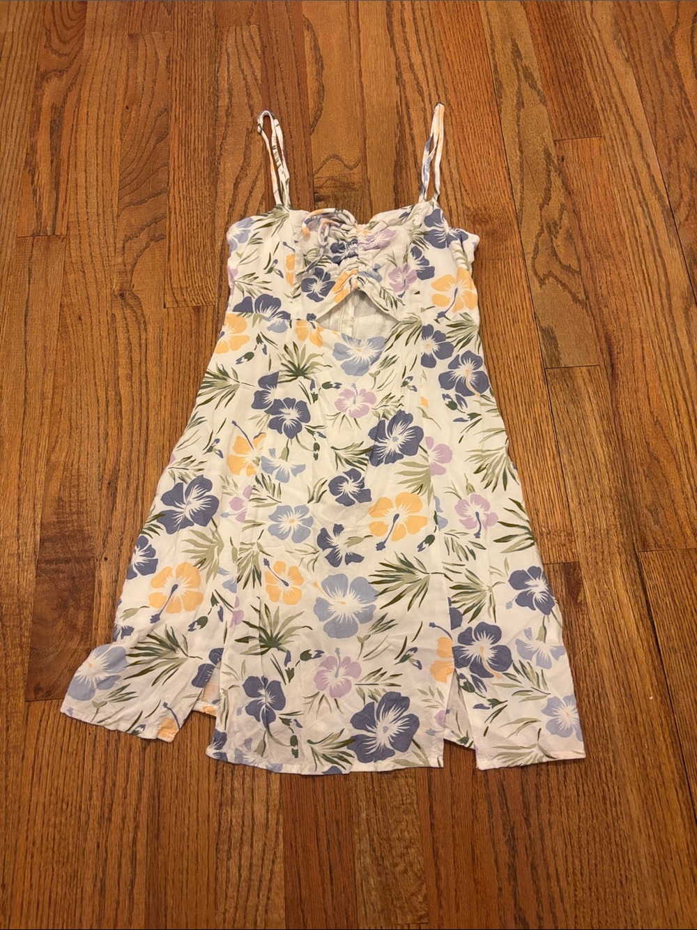 Floral Tie-Front Sundress in Cream with Blue, Yellow, and Purple Flowers